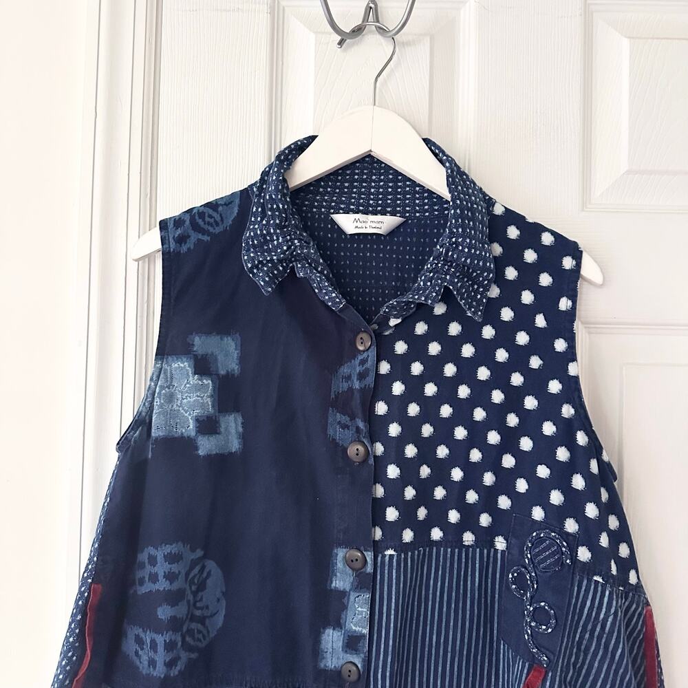 Mao Mom Thailand Artsy Abstract Lagenlook Blue Button Down Collared Swing Top OS - Picture 2 of 10